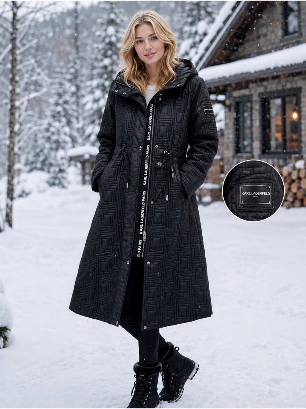 KARL LAGERFELD PARIS Women’s Black Lightweight Quilted Long Hooded Coat NWOT